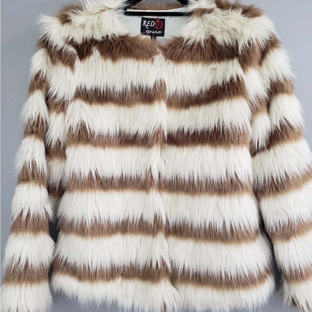 Red Snap Women's Faux Fur Striped Jacket - Brown and White